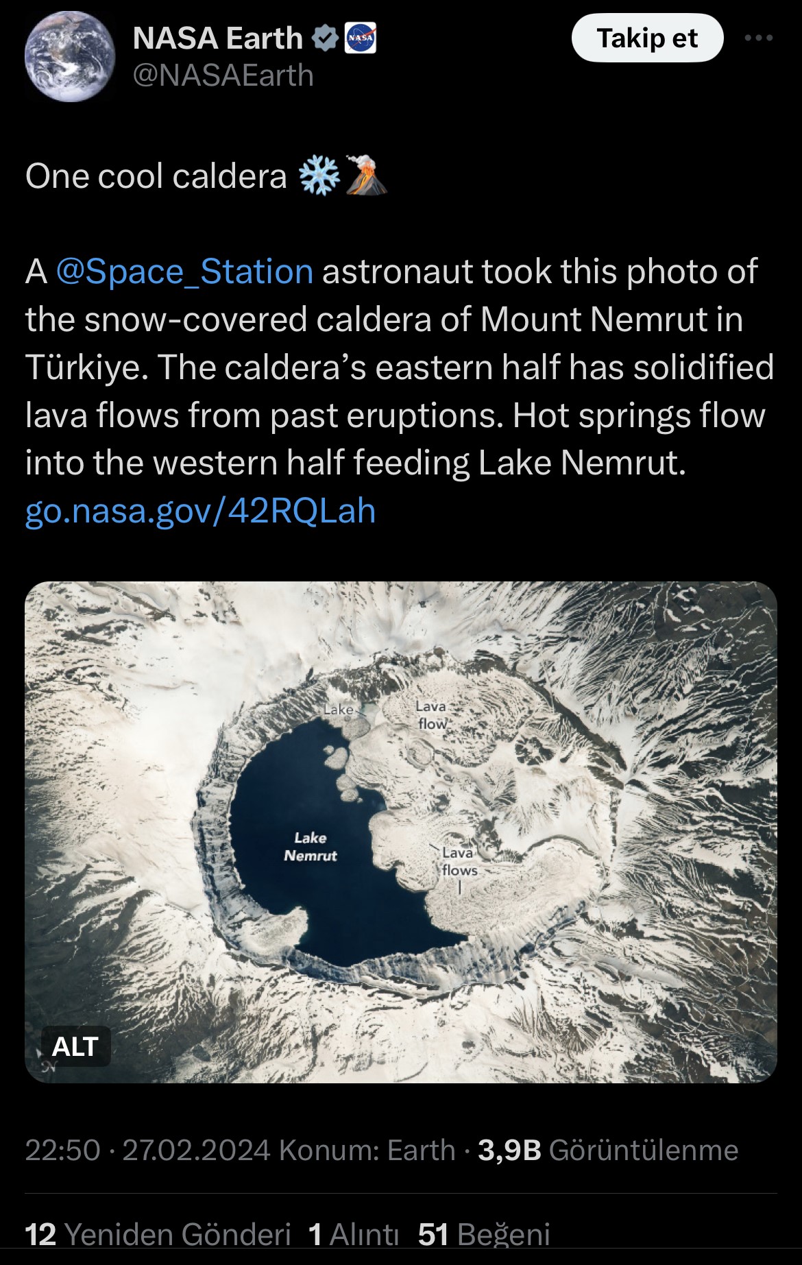 Nemrut Krater Gölü NASA astronotlarının gözdesi oldu